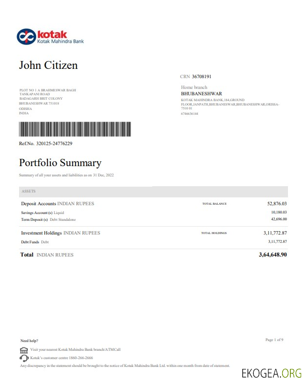 Modèle de relevé de banque Inde Kotak Mahindra, format Word et PDF, 4 pages, version 2
